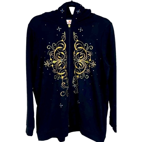 QVC Quaker Factory Black Gold Embellished Zip Up Jacket front pockets Medium
C - Picture 2 of 9